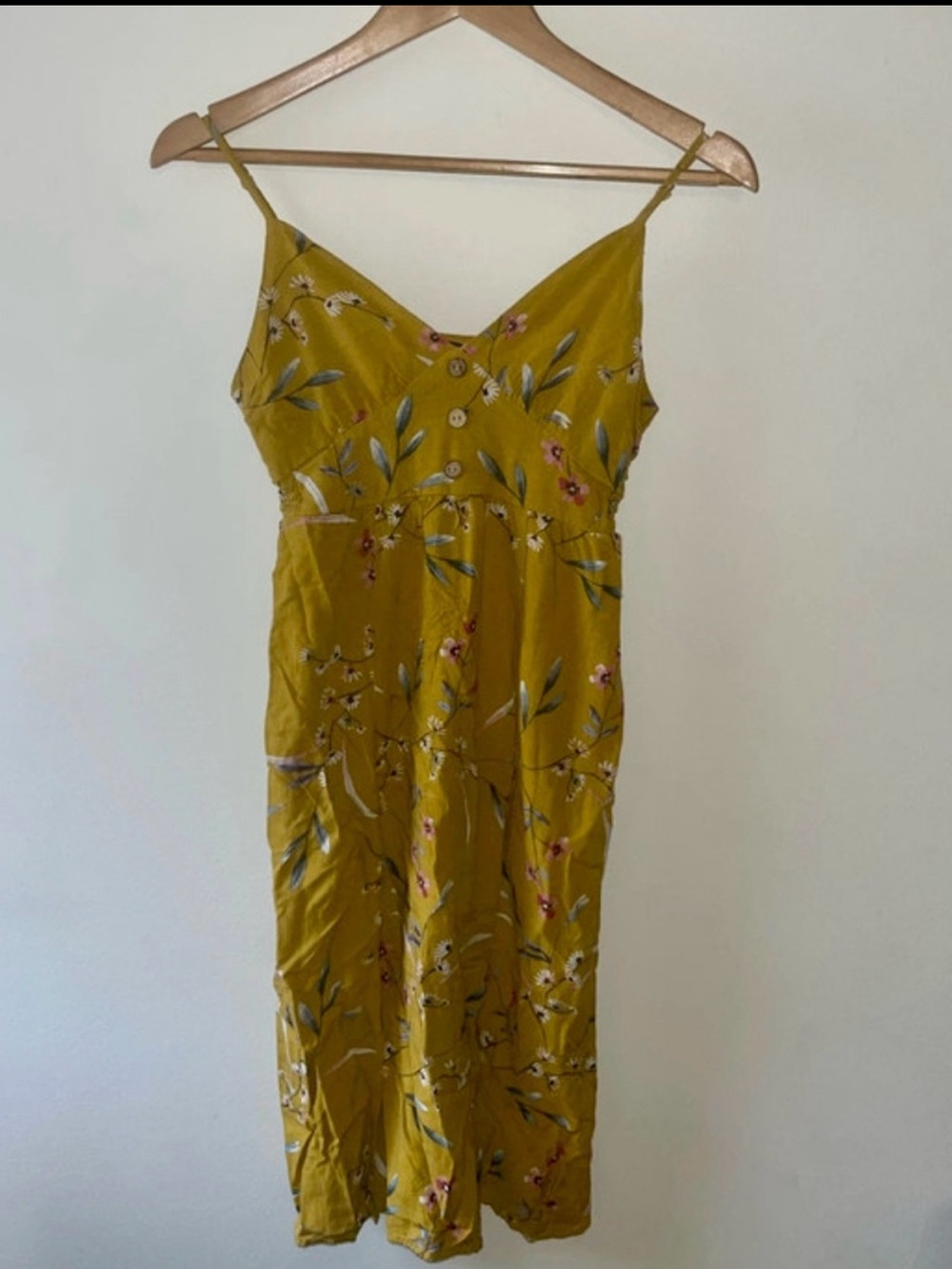 Mustard Floral V-Neck Spaghetti-Strap Midi Dress